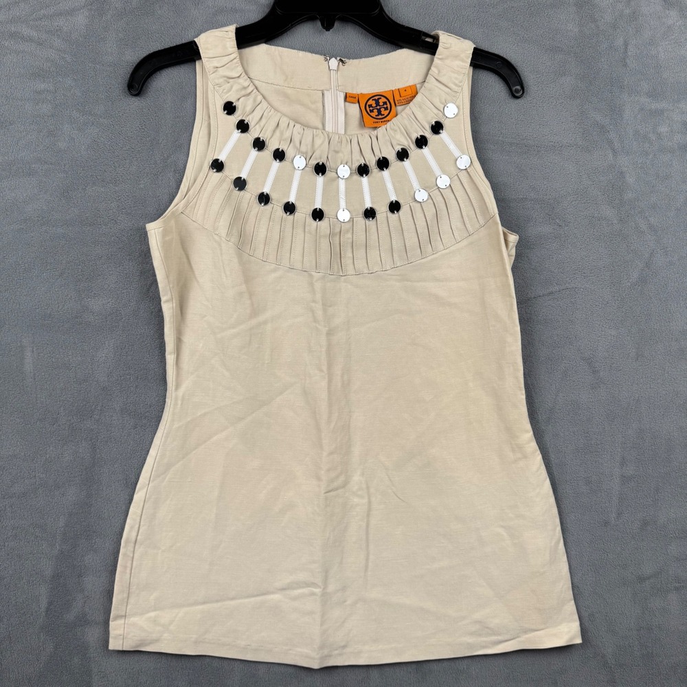 Tory Burch Tank Top Size 4 Sleeveless‎ Embellished Linen Blend Designer